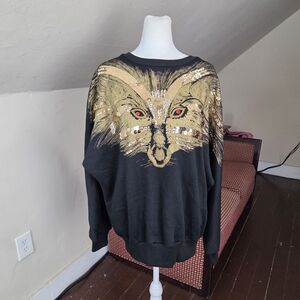 Gladys Bagley Vintage Black Sequin Fox Sweatshirt Size M Made in Hong Kong